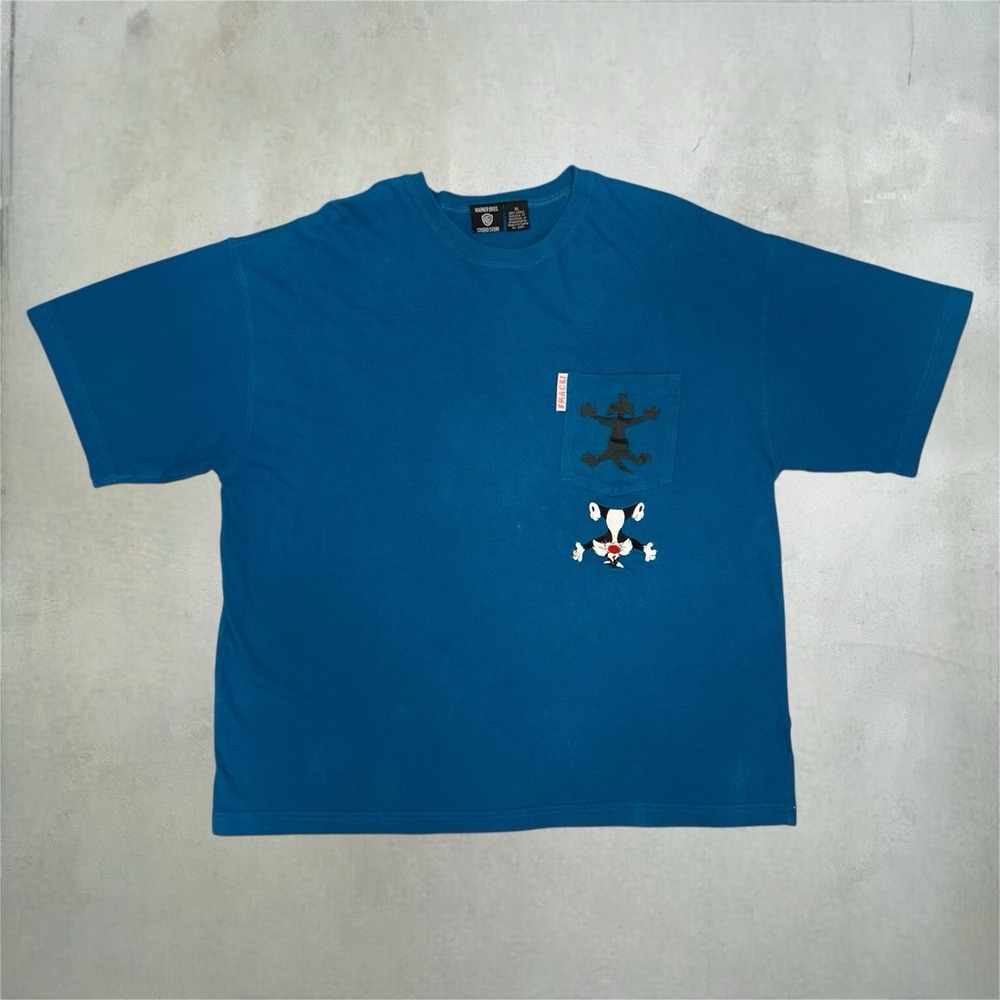 Vintage 90s Looney Tunes Pocket T-shirt Men's XL Blue Embroidered Sylvester